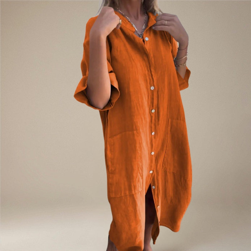 Women's Button Down Midi Dress with Long Sleeves