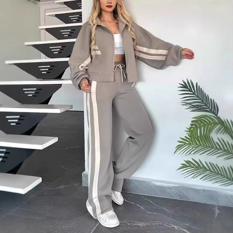 Women’s Two-Piece Set with Zip-Up Jacket and High-Waist Pants