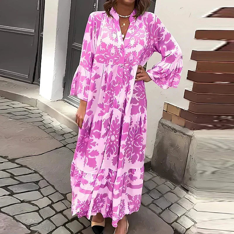 Women's Printed Midi Dress with V Neck and Long Sleeves