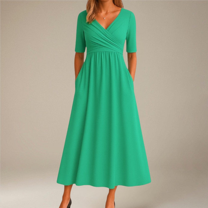 Women’s V-Neck Midi Dress Short Sleeve with Side Pockets