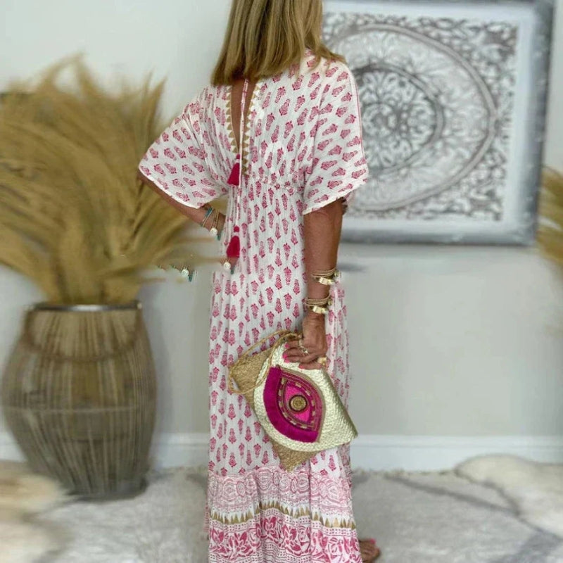 Women's V Neck Maxi Dress with Tassel Detail