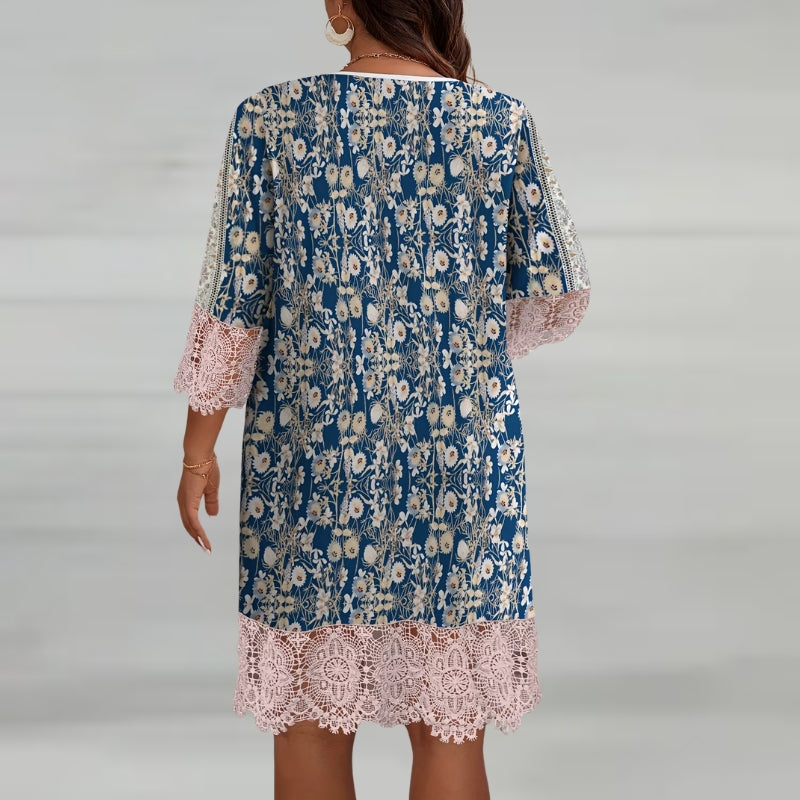 Women's Printed V Neck Midi Dress with Long Sleeves