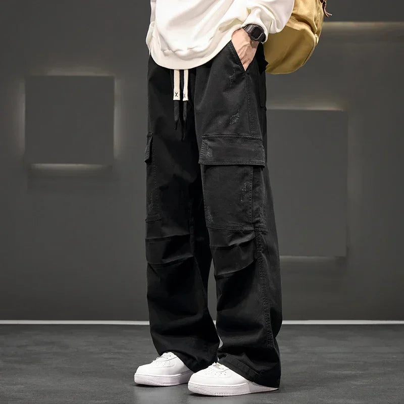 Men's Wide Leg Cargo Pants with Drawstring Waist
