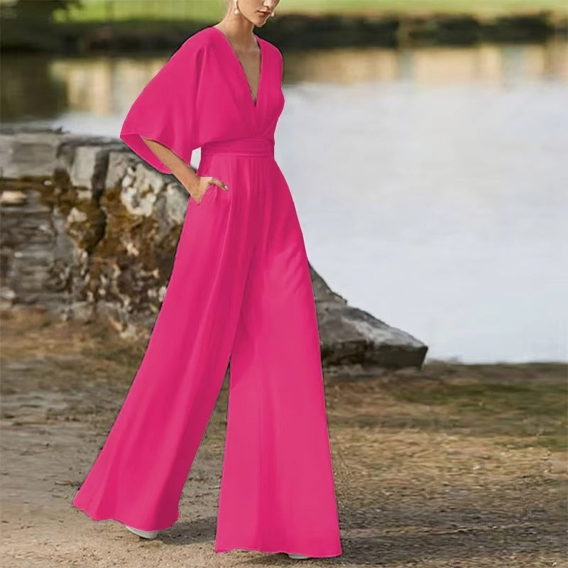 Willow - Loose Fit Short Sleeve Jumpsuit With V Neck Design