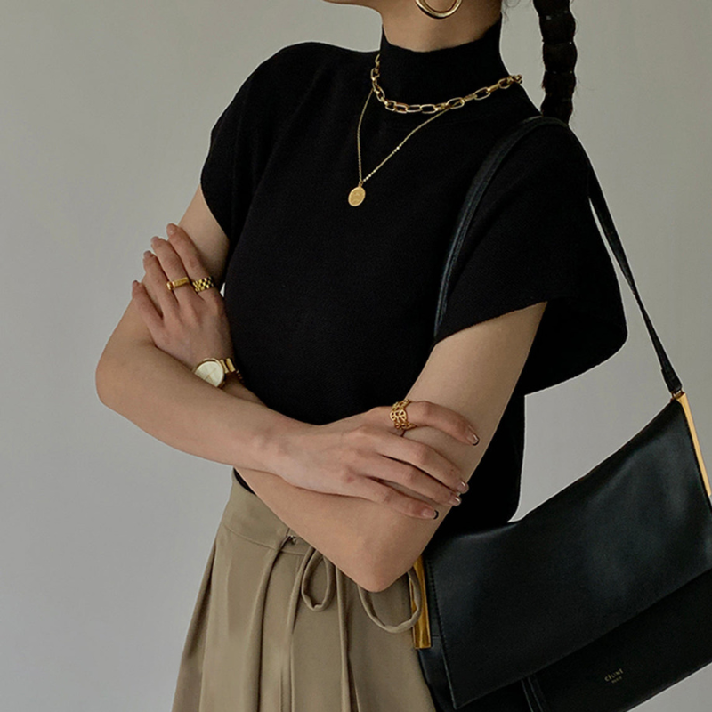 Women's Ribbed High Neck Blouse with Short Sleeves