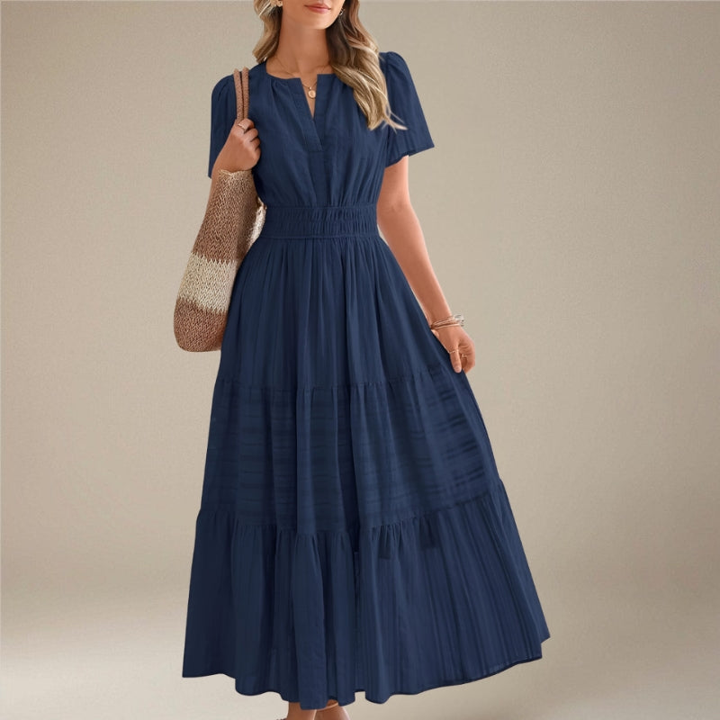 Women's Midi Dress with Wrap Waist and Short Sleeves
