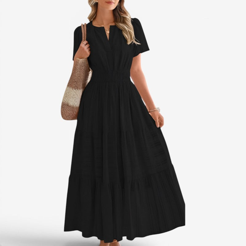 Women's Midi Dress with Wrap Waist and Short Sleeves