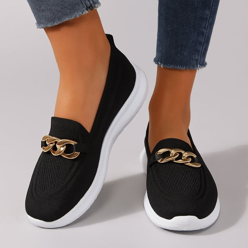 Women Non-Slip Slip-On Shoes Mesh Buckle Gold Chain Detail
