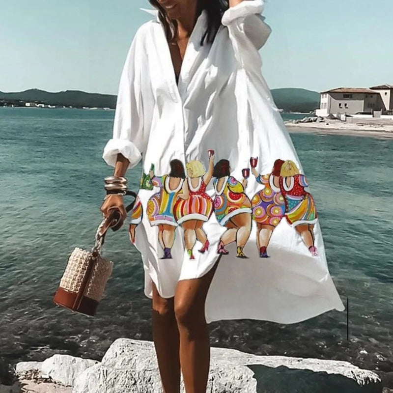 Women's Printed Long Sleeve Midi Dress