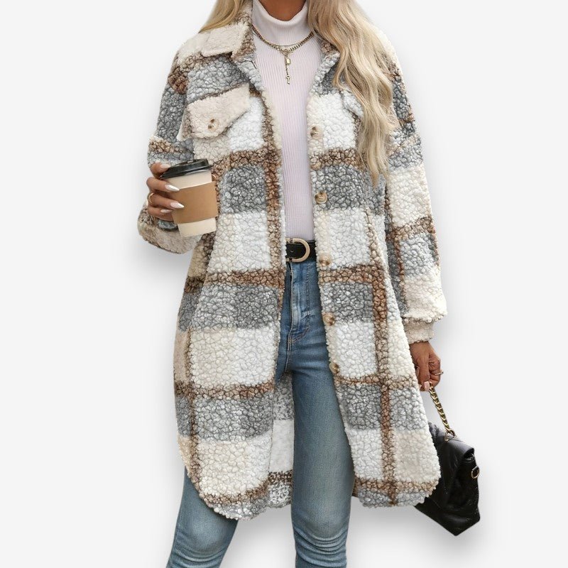 Olivia – Long Sleeve Coat with Button Closure and Down Collar