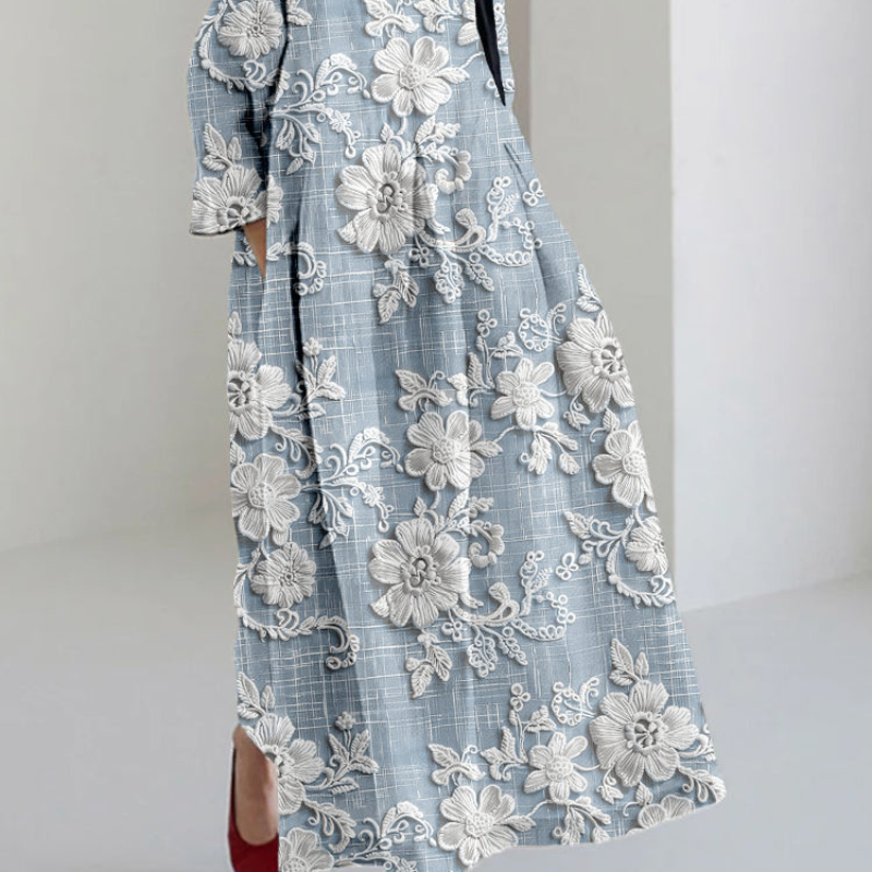 Alexis – Maxi Jurk met Lange Mouwen Bloemenprint en Ronde Hals Velani