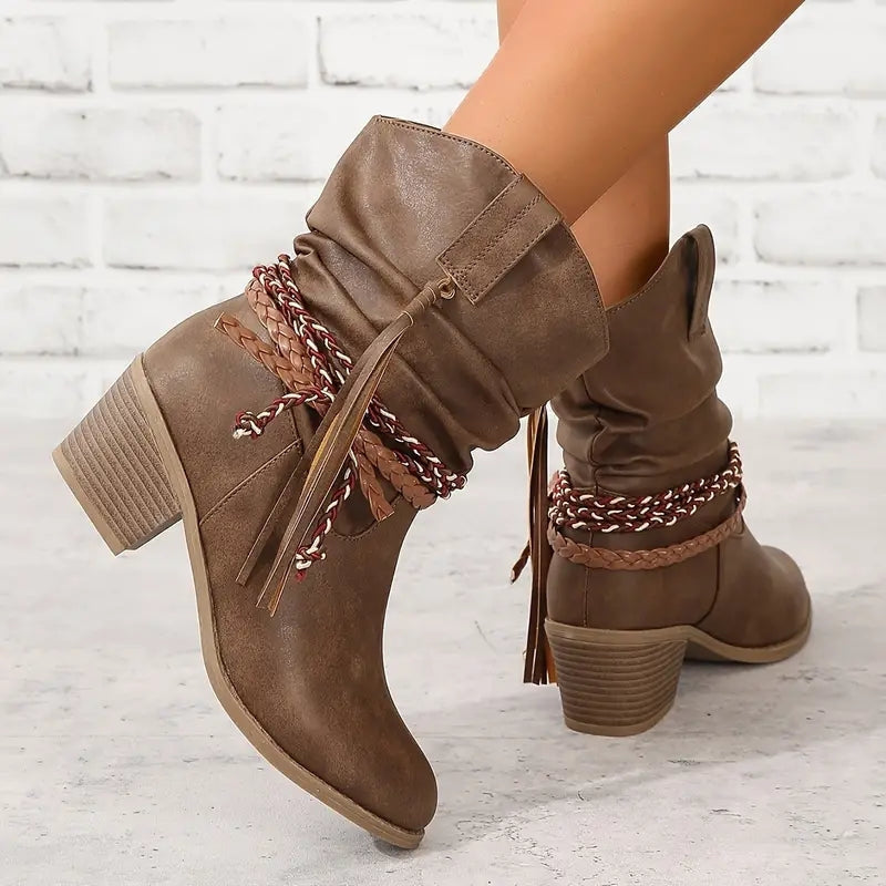 Chloe – Round Toe Boots With Braided Wraps Design