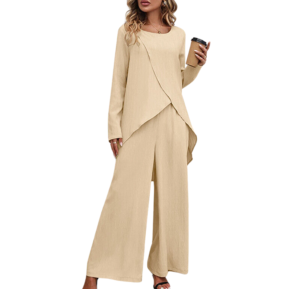 Nienke – Tweedelige Set met Top met Ronde Hals en Broek met Wijde Pijpen Velani