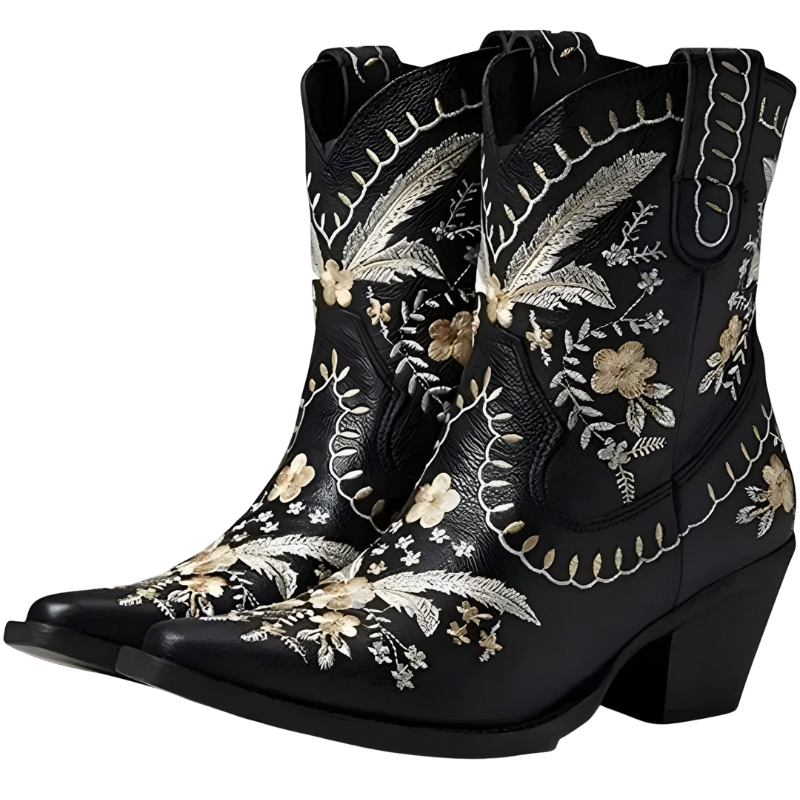 Amelia – Hoge Enkelboots met Bloemenprint en Brede Blockhak Velani