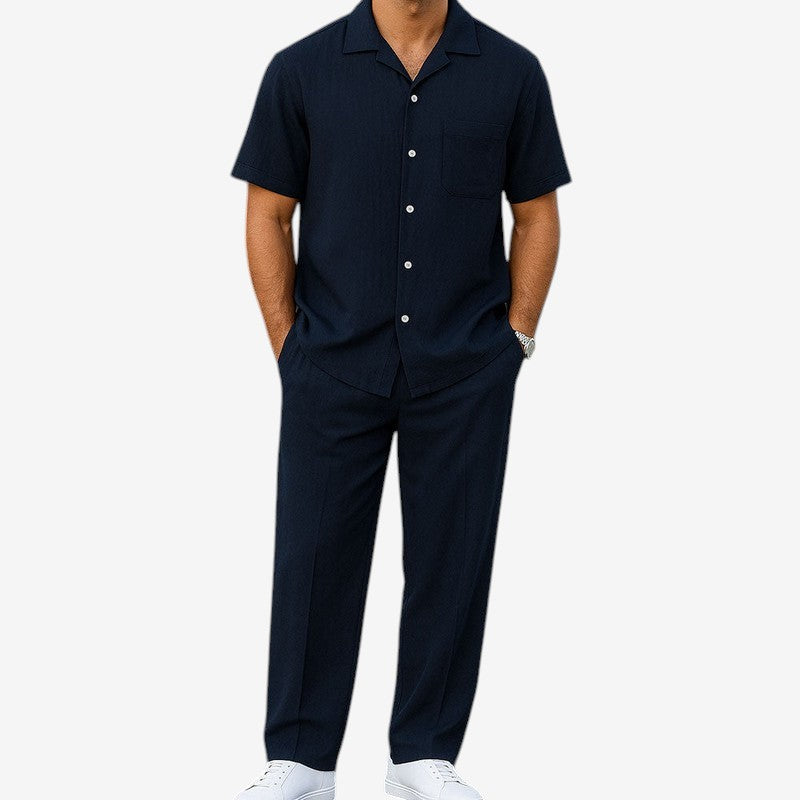 Men's 2 Piece Casual Set with Button-Up Shirt and Wide Leg Trousers