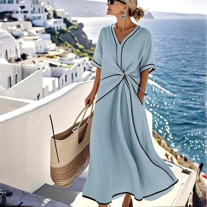 Chic Women's V Neck Maxi Dress with Twist Front