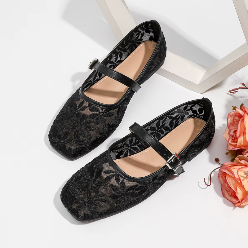 Square-Toed Ballerina Flats with Floral Embroidery