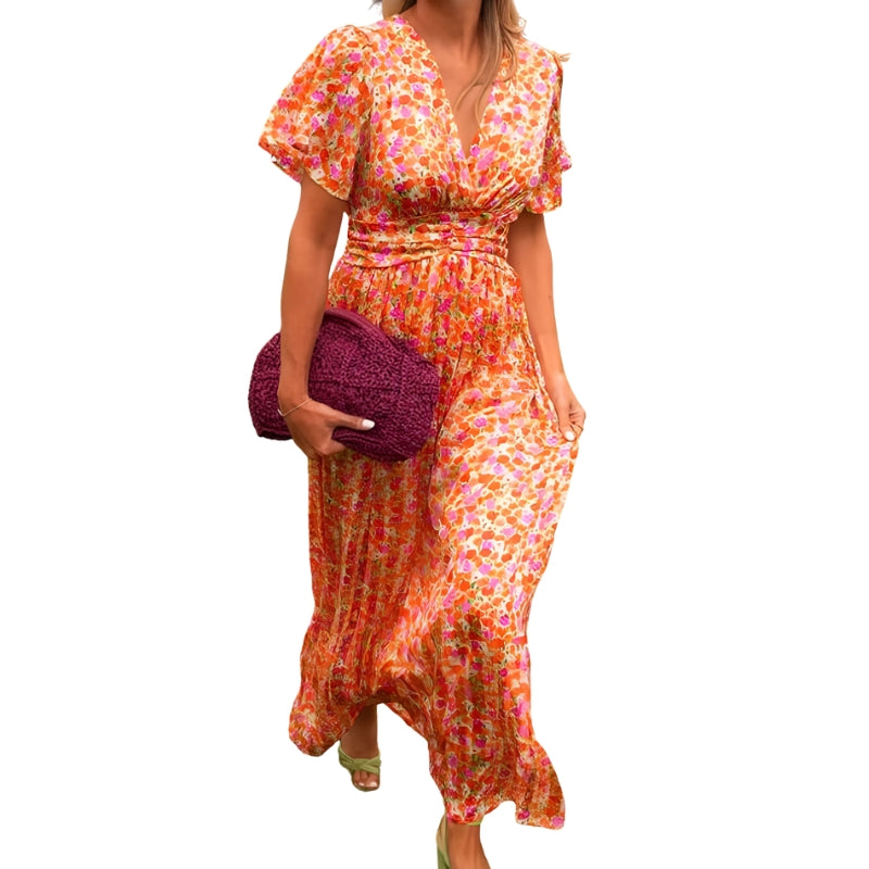 Selina – Jurk met Bloemenprint, Korte Mouwen en V-Hals Velani