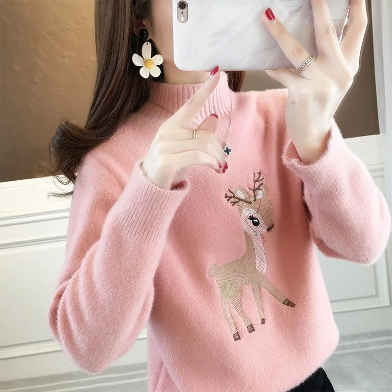Ava – Long Sleeve Sweater with Ribbed Hem and Deer Pattern