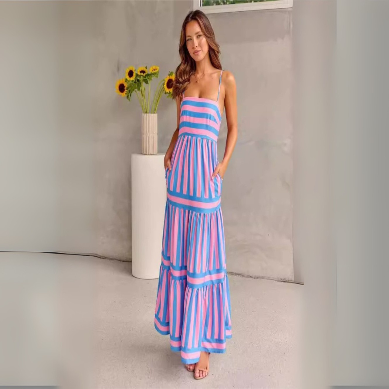 Scarlett – Lange Jurk met Spaghettibandjes en Streepjesprint Velani