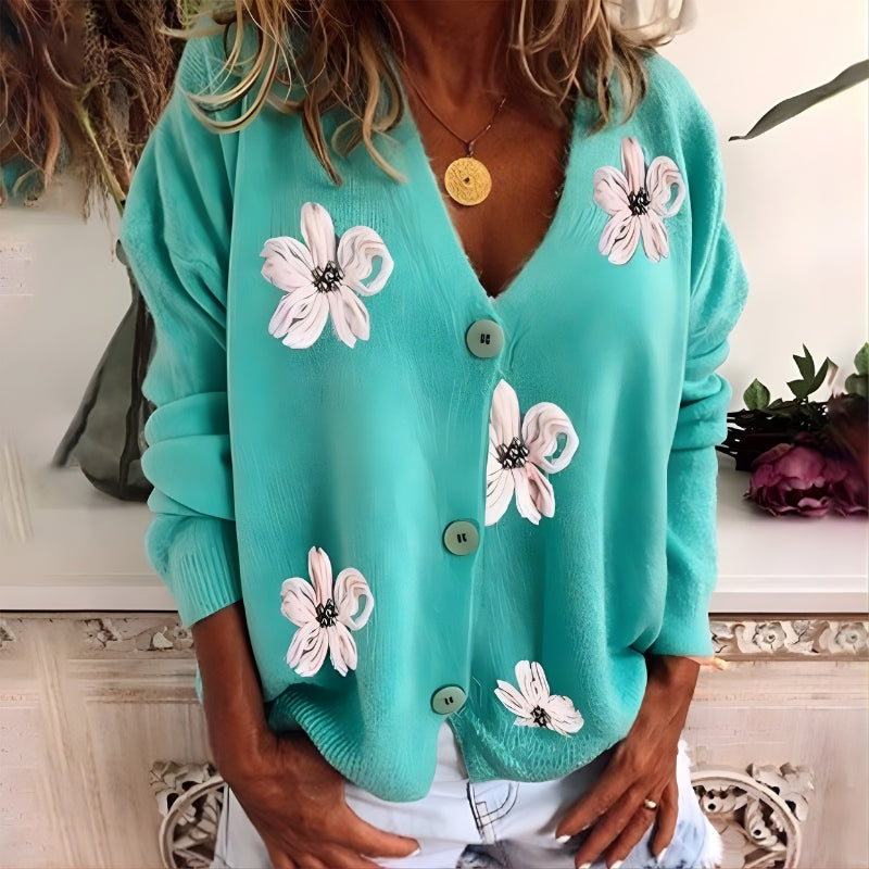 Sophia – Long Sleeve Sweater with Floral Pattern and Button Closure