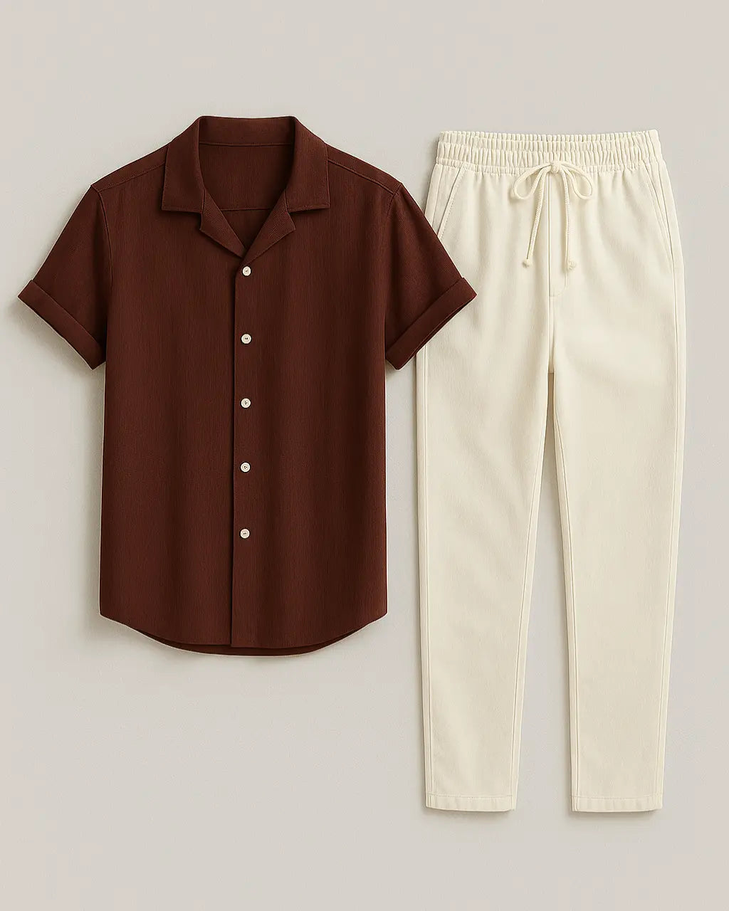 Set Van Katoenen T-shirt En Broek Met Verstelbaar Trekkoord-Clothing-Velani-Bruin-S-Velani