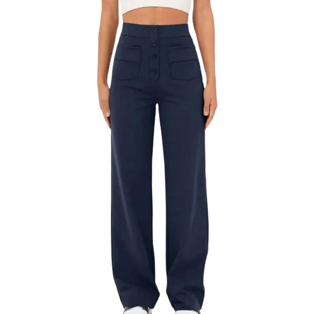 Anna – Hooggetailleerde Broek met Wijde Pijpen en Knopen Velani