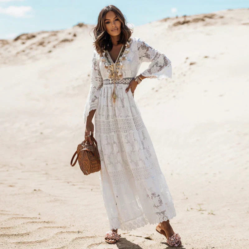 Women V-Neck Long Sleeve Maxi Dress
