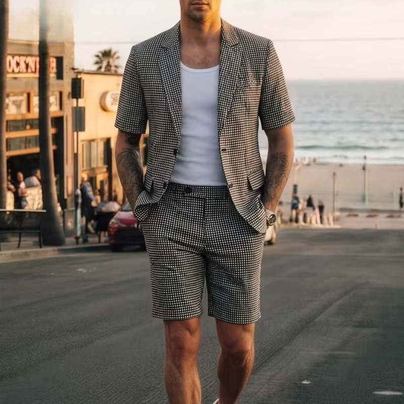 Men's Short Sleeve Plaid Blazer and Trousers Set