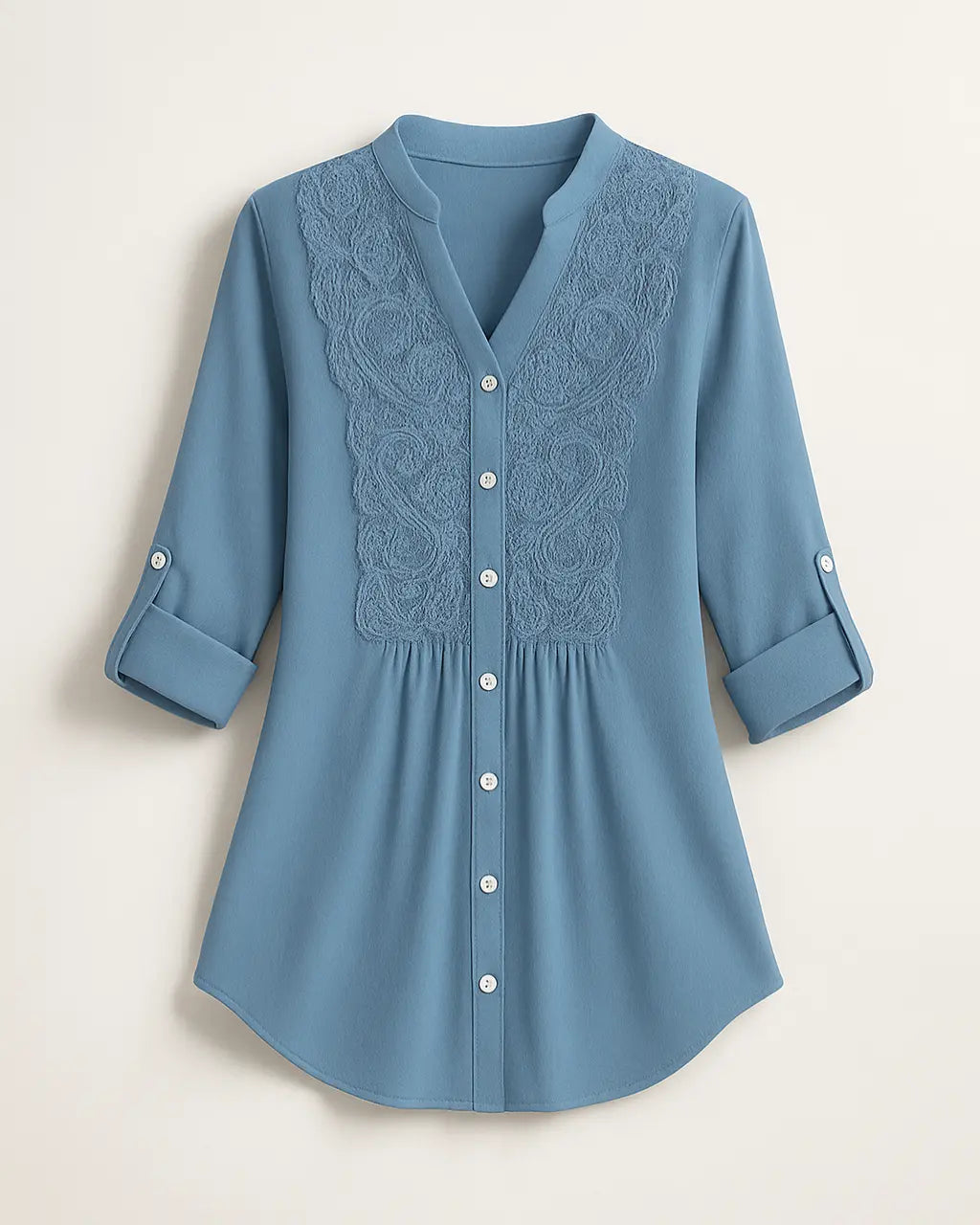 Polyester Blouse Met Pofmouwen En Kanten Accenten-Blouses & Tops-Velani-Blauw-S-Velani