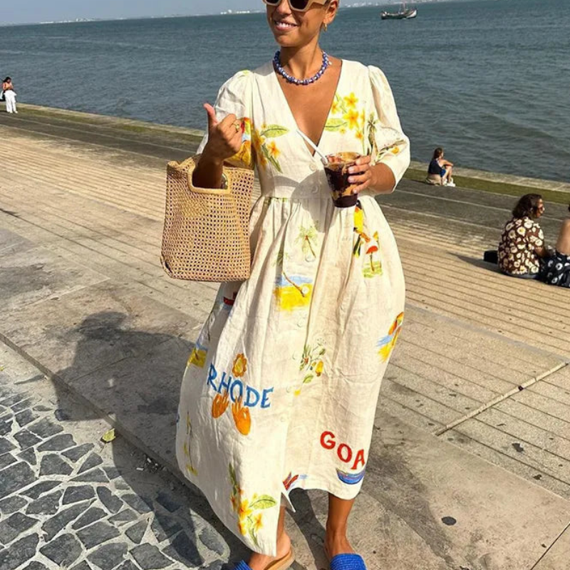 Amara – Lange Jurk met Bloemenprint V-Hals en Lange Mouwen Velani