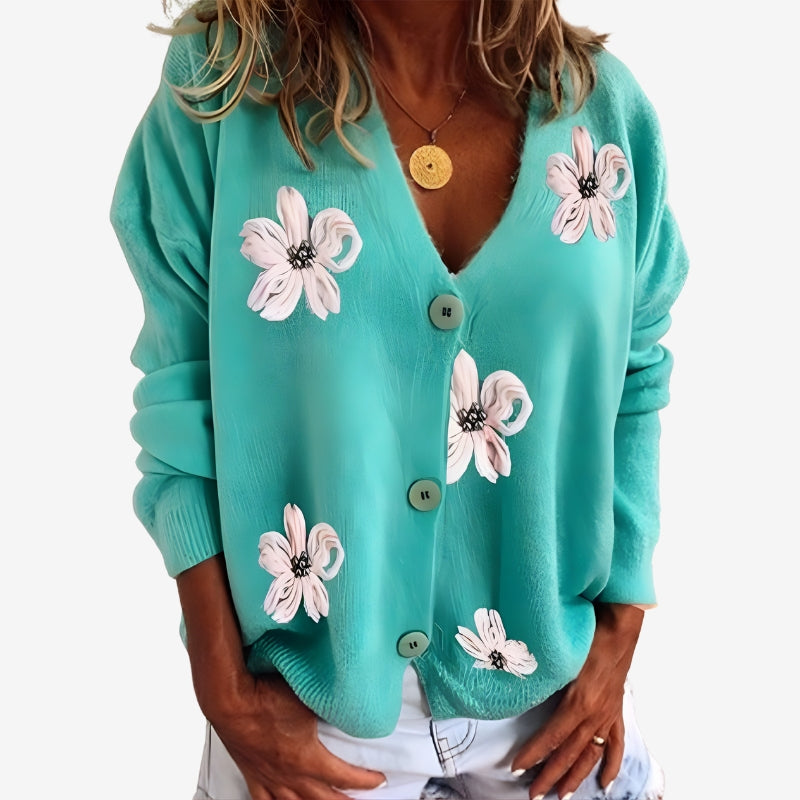 Sophia – Long Sleeve Sweater with Floral Pattern and Button Closure