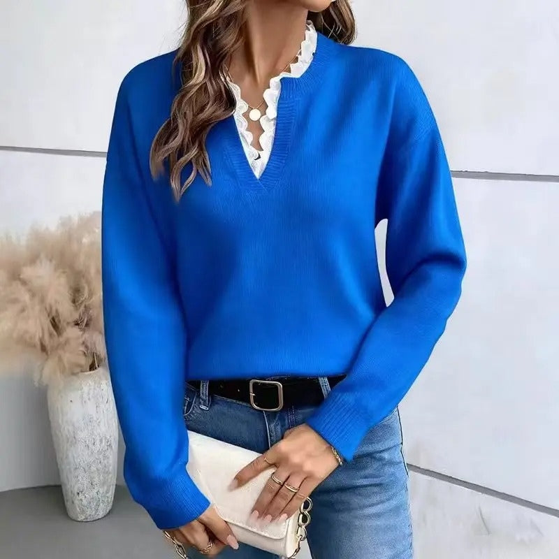 Fiona – Long Sleeve Sweater with V Neck and Ribbed Hem Design