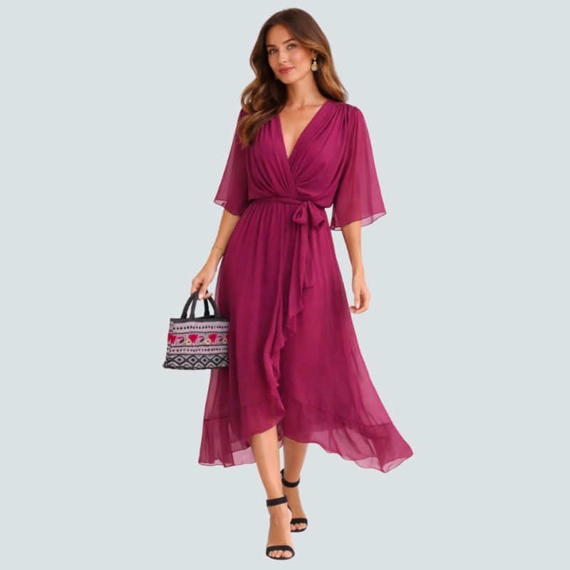 Stylish Midi Dress with V-Neck and Batwing Sleeves