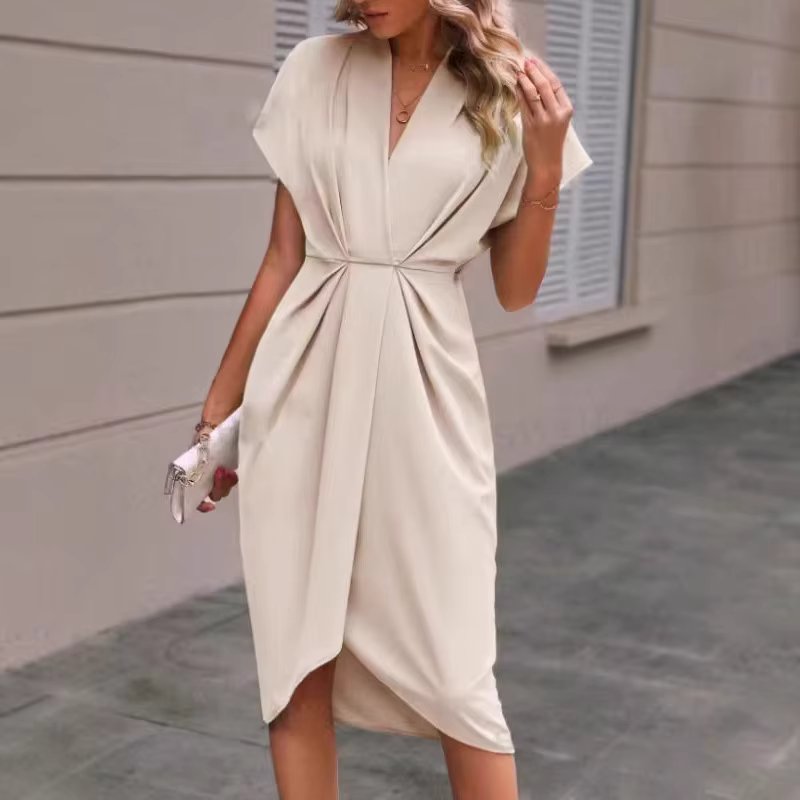 Women's Elegant Midi Dress with V-Neck and Twisted Waist