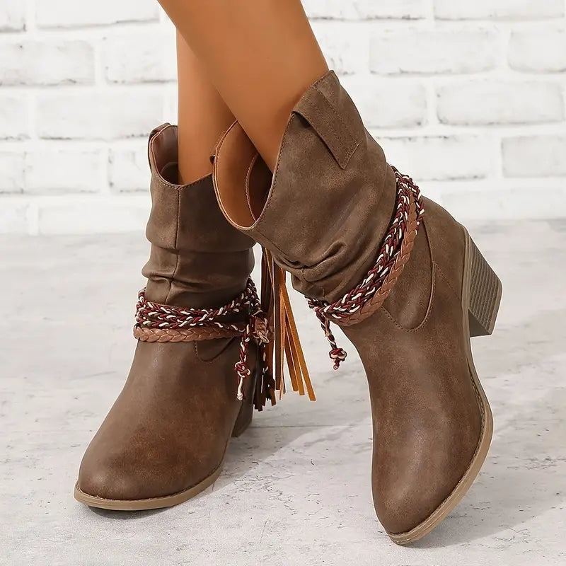 Chloe – Round Toe Boots With Braided Wraps Design