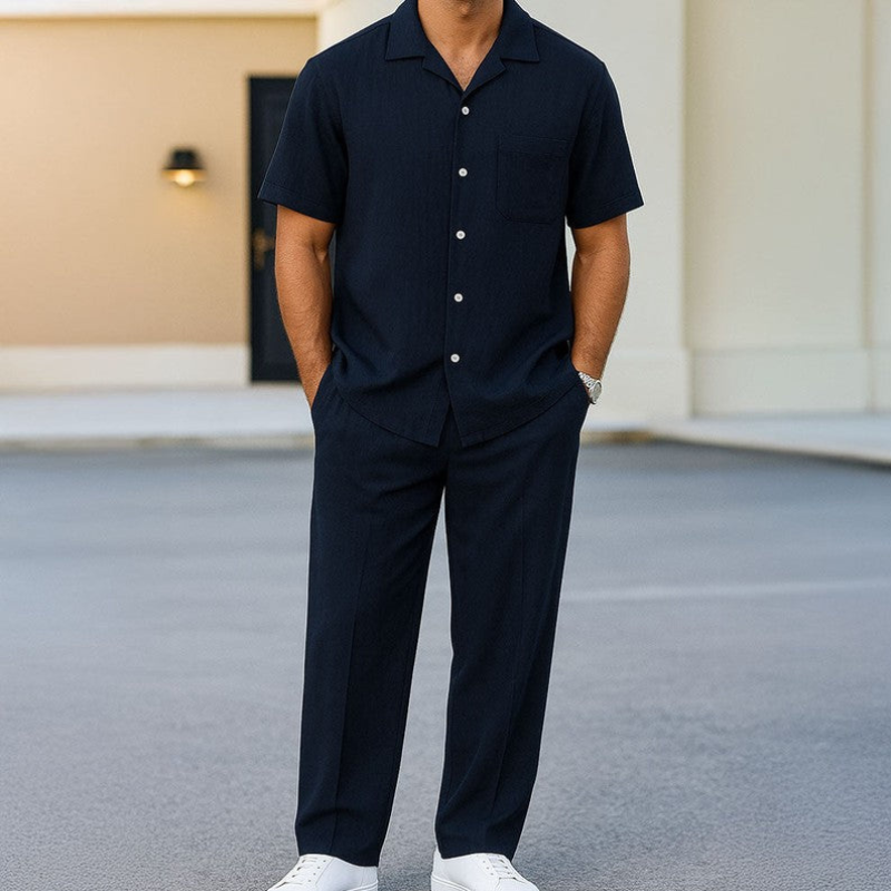 Men's 2 Piece Casual Set with Button-Up Shirt and Wide Leg Trousers