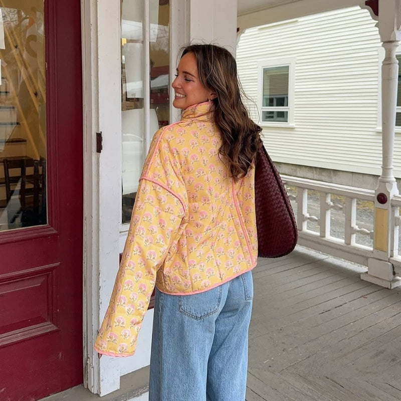 Sophia – Chaqueta de manga larga con estampado floral, cuello alto y bolsillos