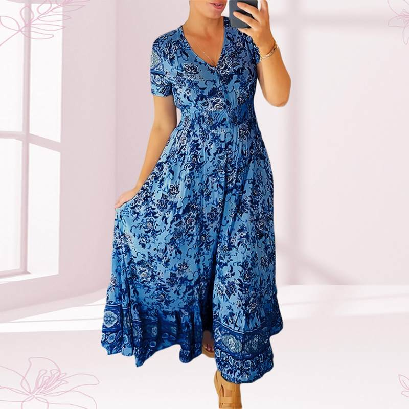 Amelia – Lange Jurk met Korte Mouwen en Bloemenprint Velani