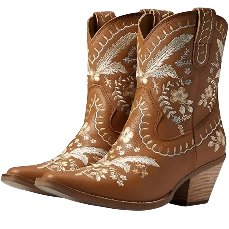 Amelia – Hoge Enkelboots met Bloemenprint en Brede Blockhak Velani