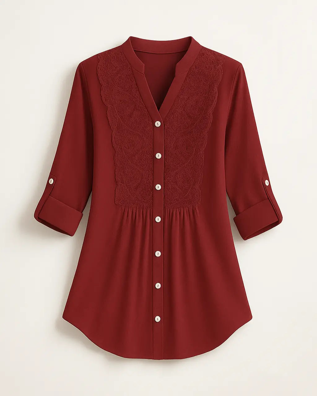 Polyester Blouse Met Pofmouwen En Kanten Accenten-Blouses & Tops-Velani-Rood-S-Velani