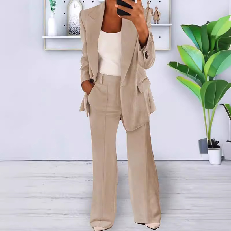 Women Blazer & Tailored Trousers Set One Button Closure