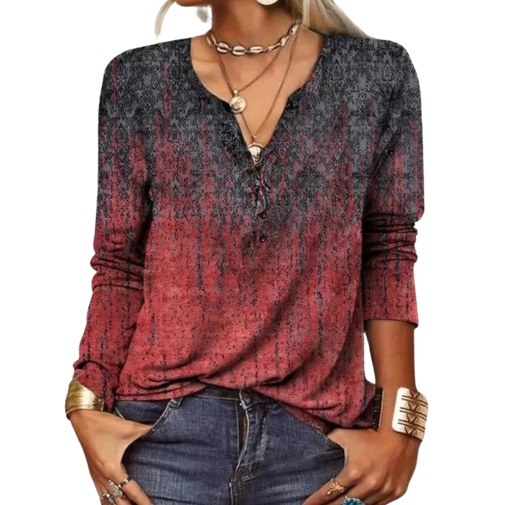 Lieve – Bedrukte Blouse met V-hals en Lange Mouwen Velani