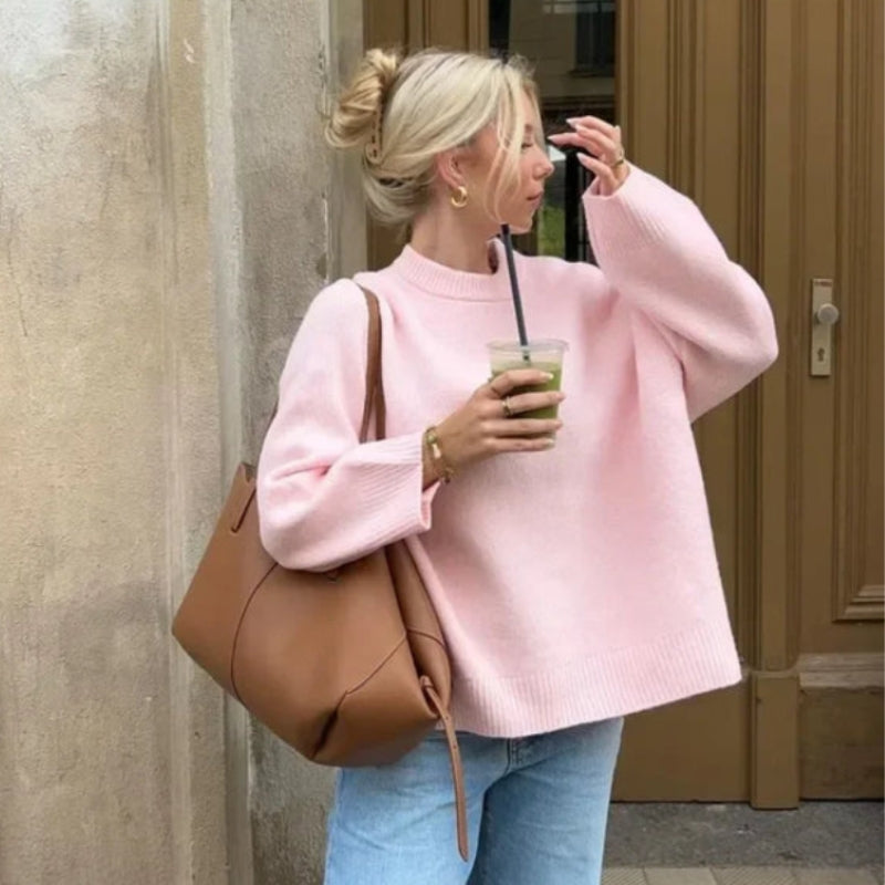 Mara – Crew Neck Long Sleeve Sweater with Ribbed Hem
