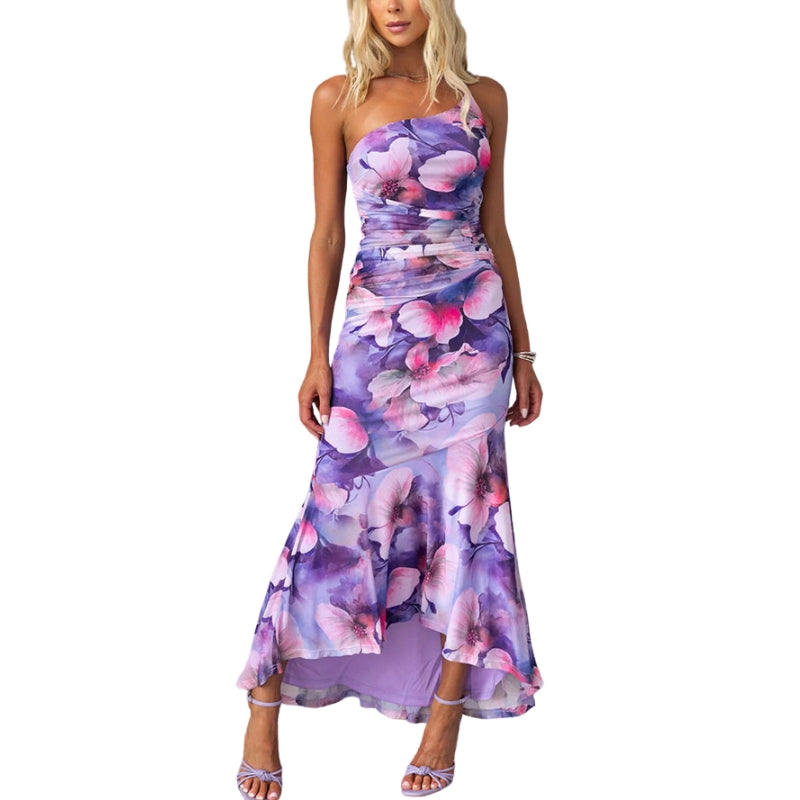 Laura – Strakke Jurk met Één Schouder en Bloemenprint Velani