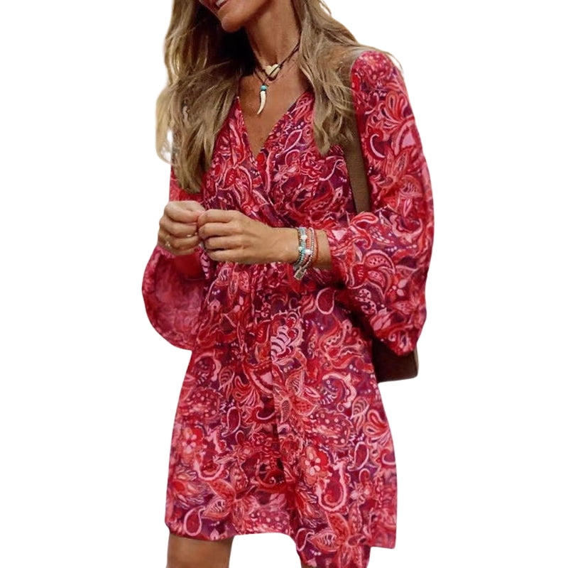 Johanna – Jurk met Lange Mouwen, Print en V-hals Velani