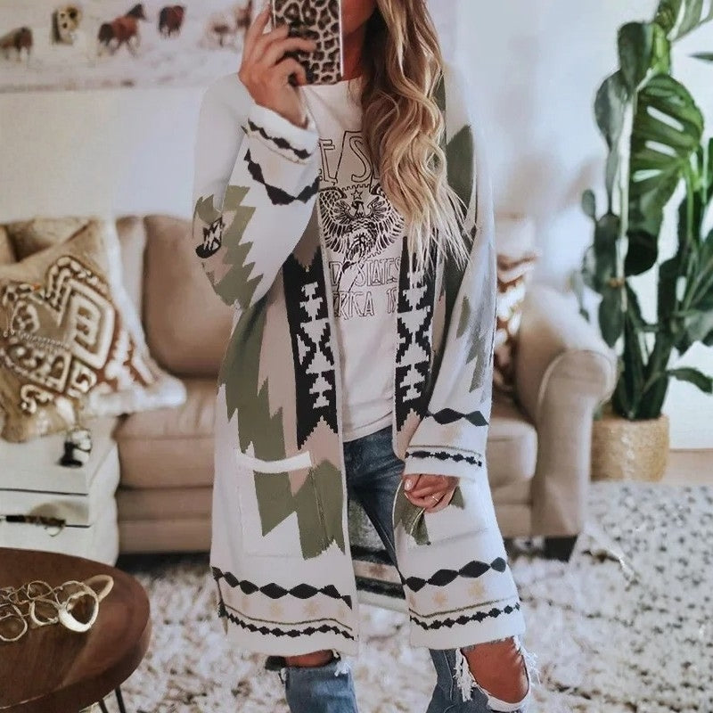 Ava – Long Sleeve Cardigan with Geometric Detailing