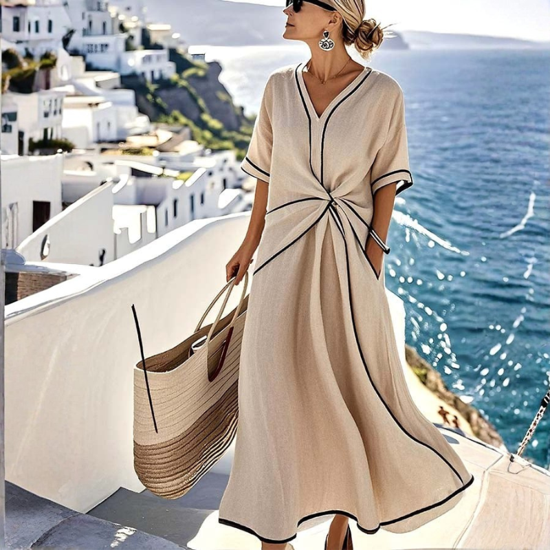Chic Women's V Neck Maxi Dress with Twist Front