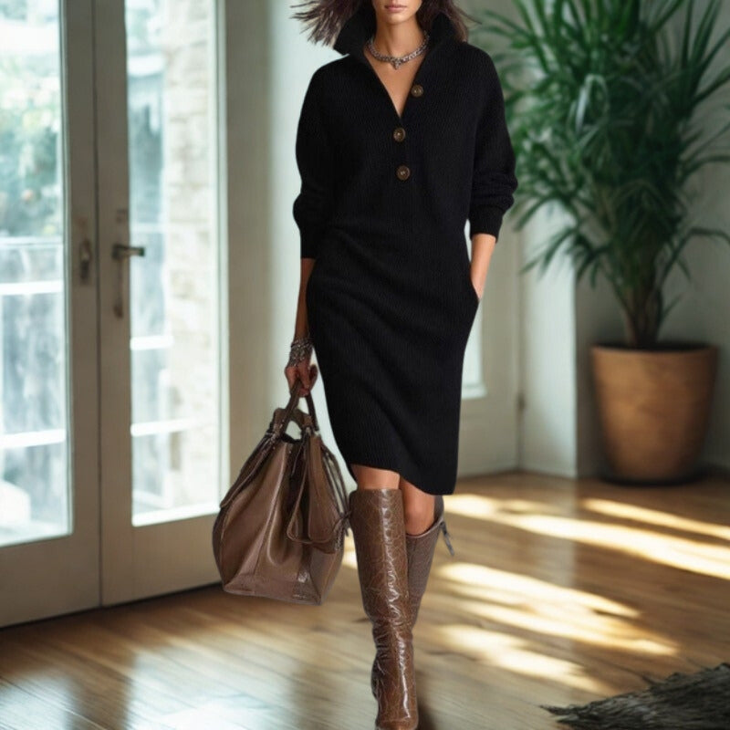 Arlena – Long Sleeve Sweater with Stand Up Collar and Button