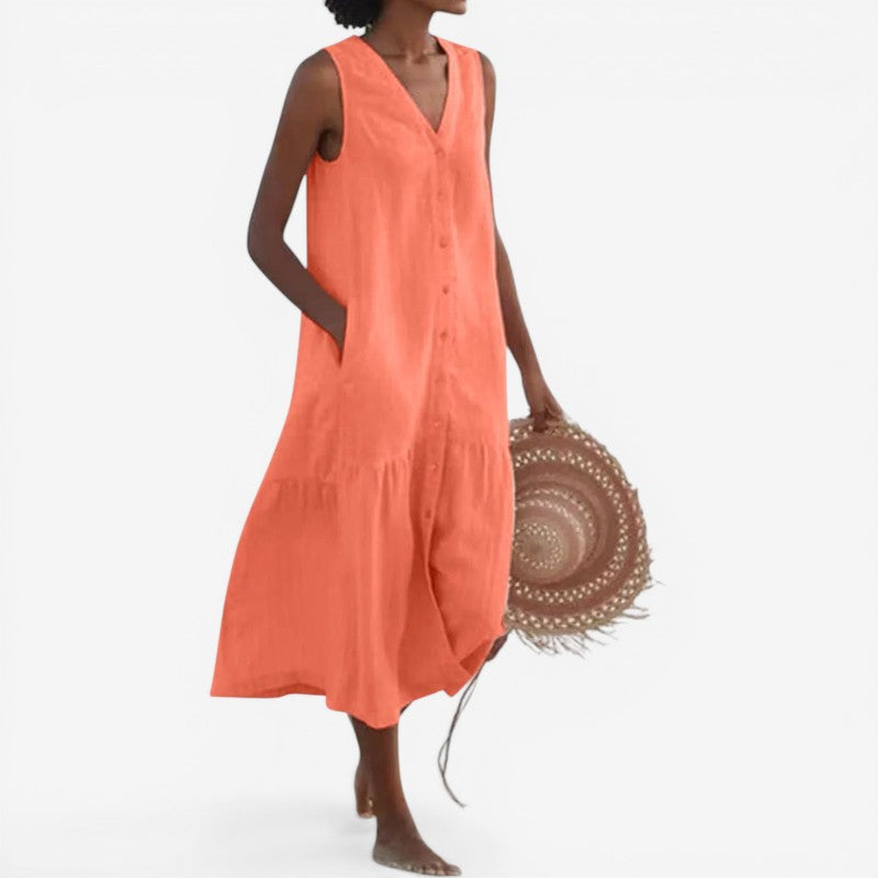 Women's Sleeveless V-Neck Mini Dress with Button-Front & Pockets